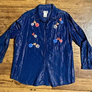 Bobbie Brooks • 18W/20W • Blue • Silver Metallic • Christmas Ornaments • Blouse